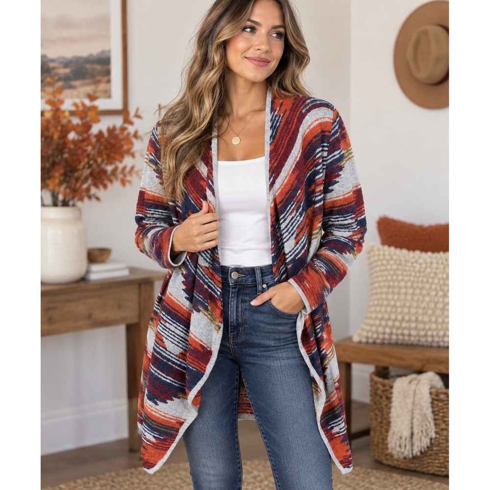 Lucky Brand Southwestern Aztec Open Cardigan Women Medium Textured Rustic Layer